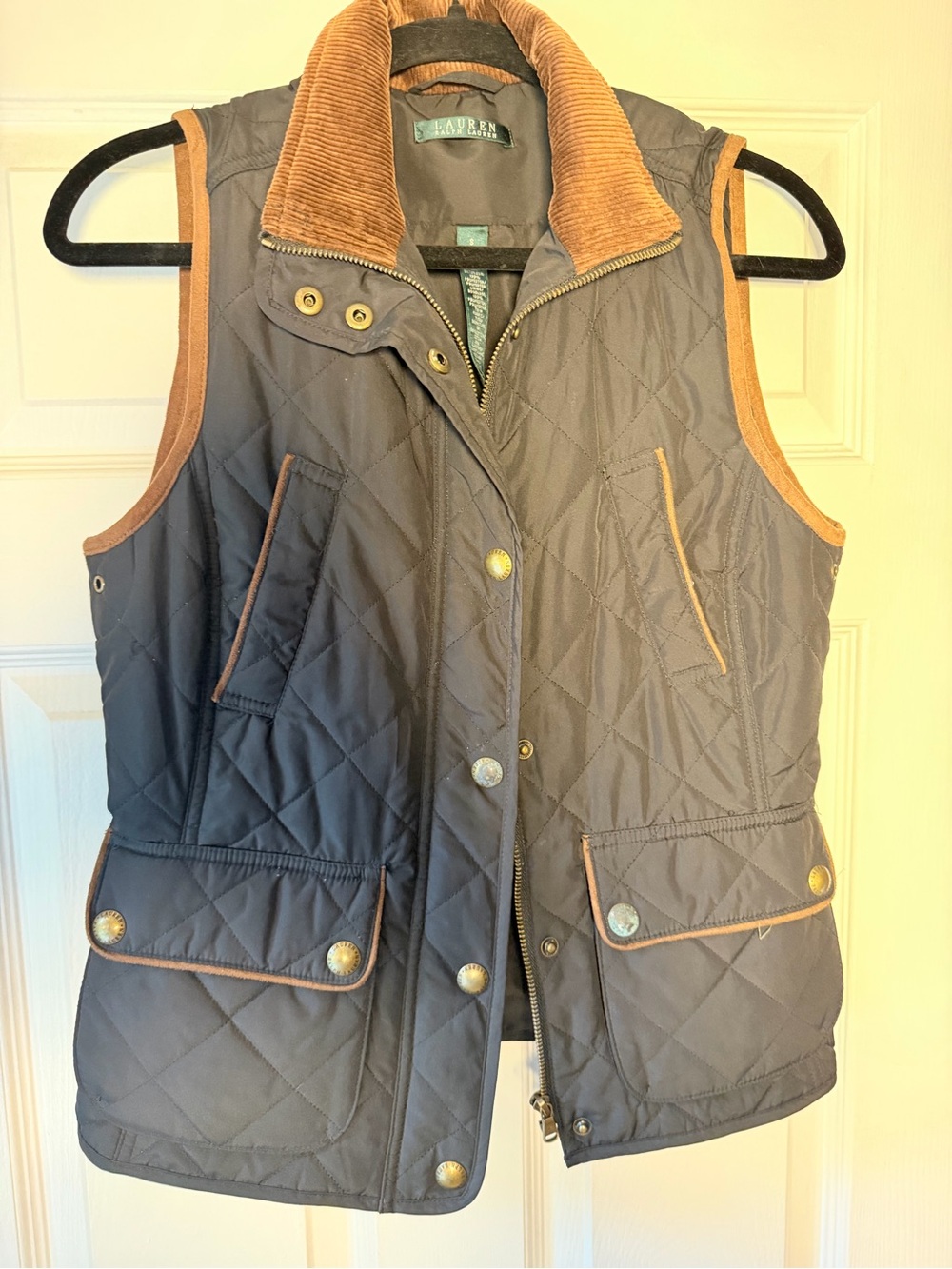 Lauren Ralph Lauren Navy Quilted Vest with Tan Corduroy Trim